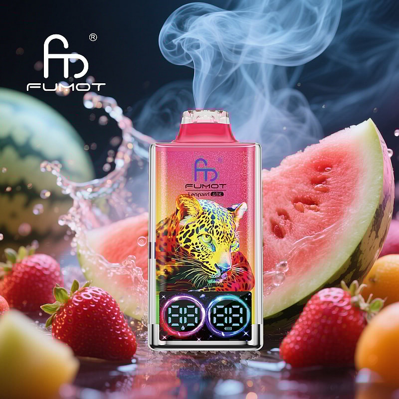 RandM Fumot Leopard 40K puffs vape delivers dual mesh coils, LED indicator, RGB lights, digital display, and 16 flavors with 2%, 3%, or 5% nicotine.