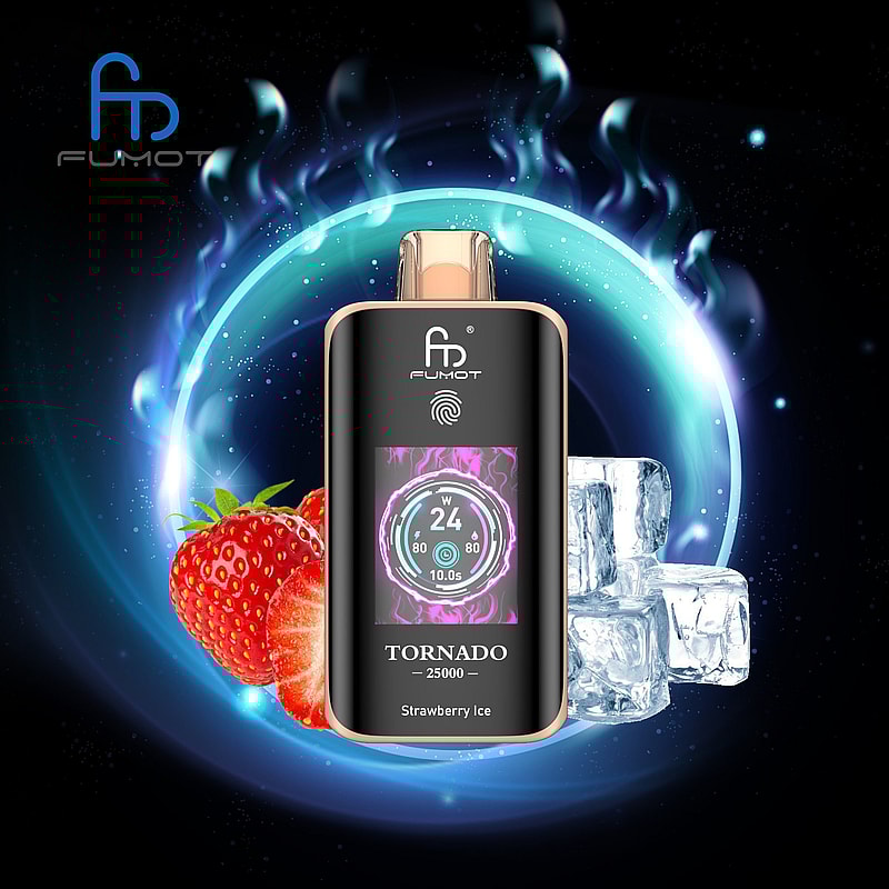 The RandM Fumot Tornado 25K Puffs Vape delivers 20 mL e‑liquid, 700 mAh battery, dual mesh coil,TFT display,touch‑switch power control and Type‑C charging with 2%,3%,5% nicotine