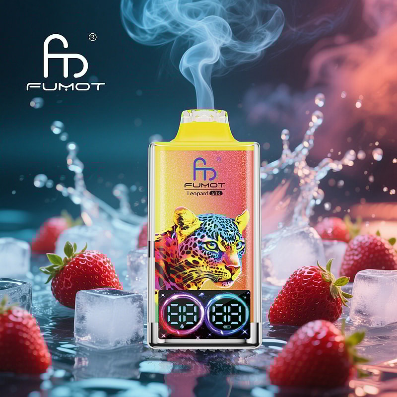 RandM Fumot Leopard 40K puffs vape delivers dual mesh coils, LED indicator, RGB lights, digital display, and 16 flavors with 2%, 3%, or 5% nicotine.