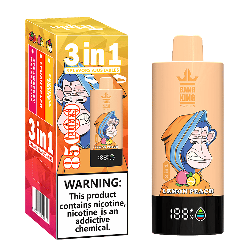 Bang King Triple 85000 Puffs Vape offers 3-in-1 adjustable flavors, triple mesh coil, LED display, and 63mL capacity—perfect for long-lasting, flavorful vaping.