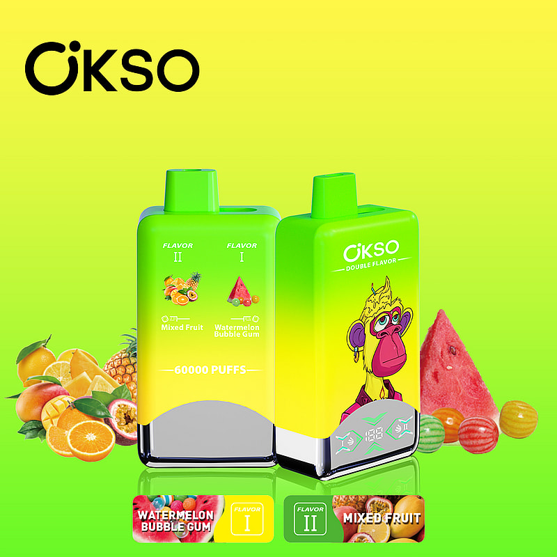OKSO Double Flavor 60000 Puffs Vape features 50mL e-liquid, dual mesh coils, LED screen, Type-C charging, and switchable double flavors with nicotine options.