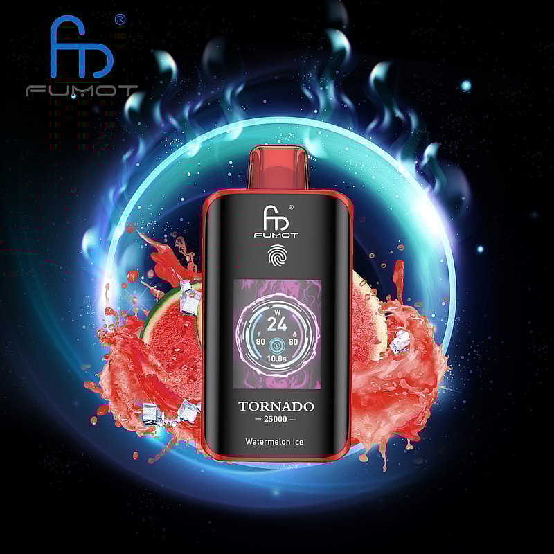 The RandM Fumot Tornado 25K Puffs Vape delivers 20 mL e‑liquid, 700 mAh battery, dual mesh coil,TFT display,touch‑switch power control and Type‑C charging with 2%,3%,5% nicotine