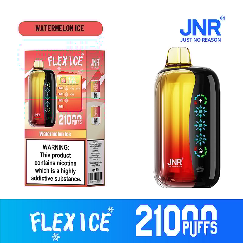 JNR Flex Ice 21000 puffs vape offers  dual mesh coil, touch screen, adjustable ice and airflow, with 15 flavors, LED display, and Type-C fast charging.