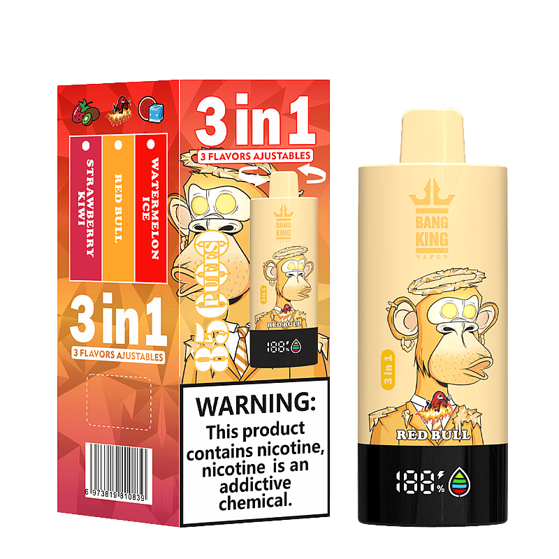 Bang King Triple 85000 Puffs Vape offers 3-in-1 adjustable flavors, triple mesh coil, LED display, and 63mL capacity—perfect for long-lasting, flavorful vaping.
