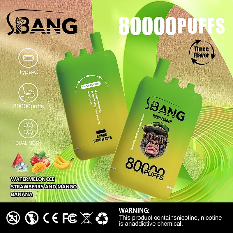 Promotional image for Bang vape featuring a green device labeled 'Bang Leader' offering 80,000 puffs and triple flavors: Watermelon Ice, Strawberry Mango, and Banana, with Type-C charging and Dual Mesh technology, displayed against a vibrant green background with regulatory logos and a nicotine warning.