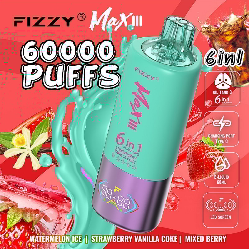 enjoy the Fizzy Max III 60000 Puffs Disposable Vape with 60mL e-liquid, 6 flavor modes, mesh coil, 850mAh battery, Type-C charging, and 10 delicious flavors.