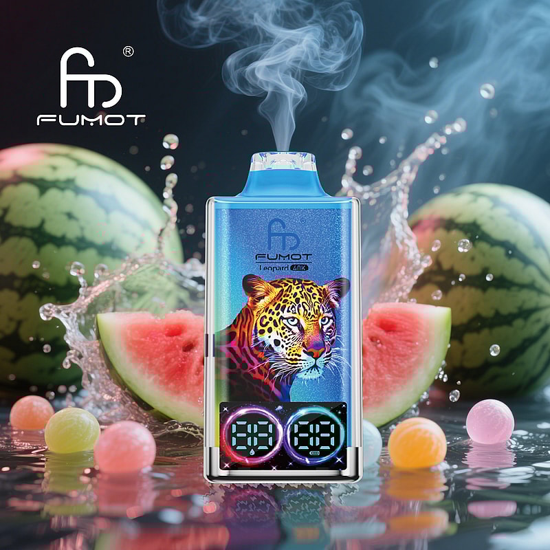 RandM Fumot Leopard 40K puffs vape delivers dual mesh coils, LED indicator, RGB lights, digital display, and 16 flavors with 2%, 3%, or 5% nicotine.