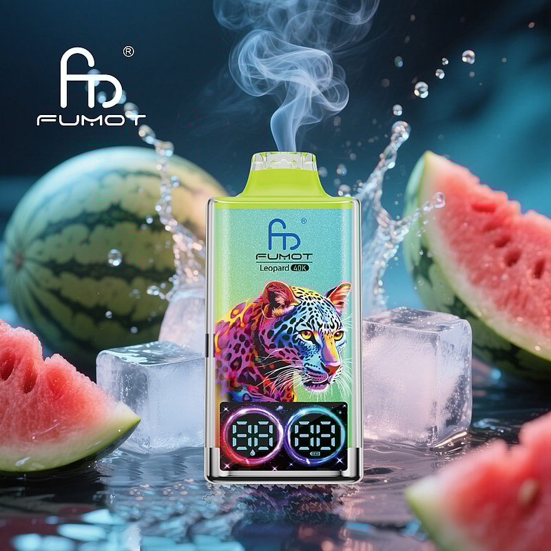 RandM Fumot Leopard 40K puffs vape delivers dual mesh coils, LED indicator, RGB lights, digital display, and 16 flavors with 2%, 3%, or 5% nicotine.