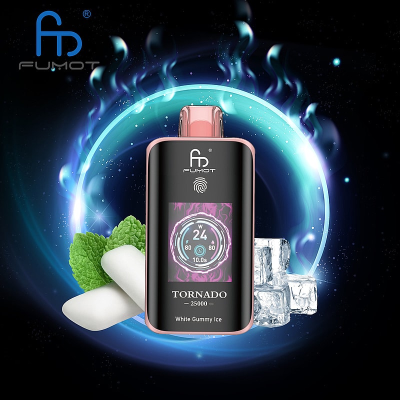 A sleek, black vaping device branded as FUMOT Tornado 25000 set against a cosmic background, accompanied by mint leaves, white gum, and ice cubes as flavor indicators.