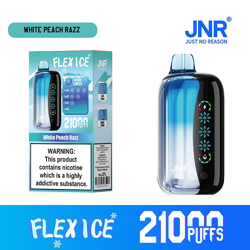 JNR Flex Ice 21000 puffs vape offers  dual mesh coil, touch screen, adjustable ice and airflow, with 15 flavors, LED display, and Type-C fast charging.