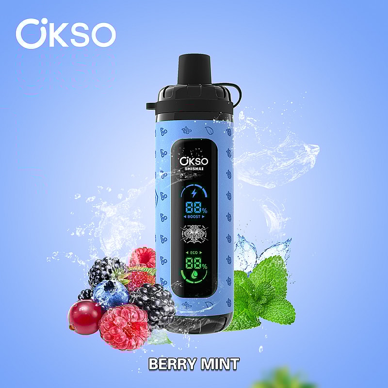 OKSO Shisha Max 40K Puffs Disposable Vape offers 36mL e-liquid, mesh coil, LED display, Type-C charging, adjustable airflow, and 10 flavors with child lock.