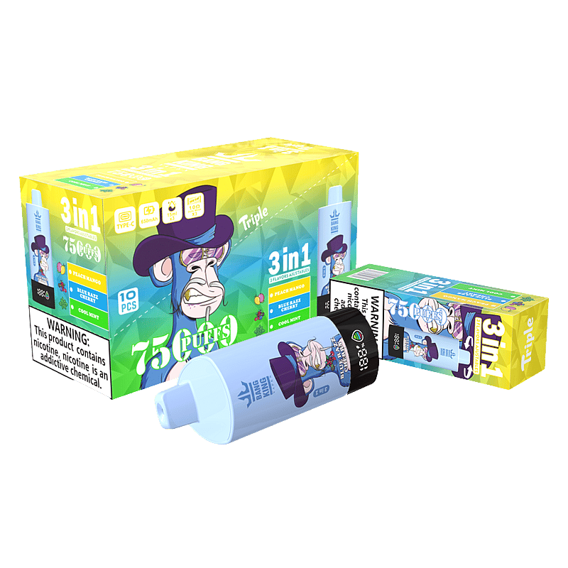 El vaporizador Bang King Triple 75000 puffs ofrece 3 sabores ajustables, pantalla LED, carga tipo C y una bobina de triple malla para un sabor intenso y un vapor suave.