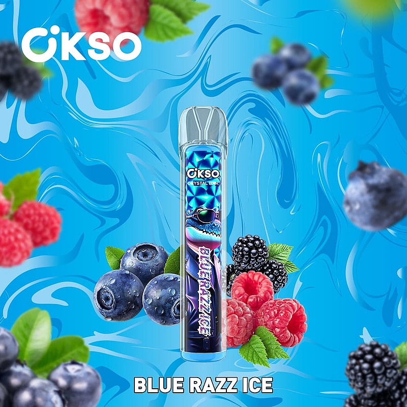 OKSO Crystal Bar 800 Puffs Disposable Vape Pen offers mesh coil, RGB LED, 2mL e-liquid, 400mAh battery, and 10 flavors for smooth, stylish vaping.A brightly colored advertisement featuring the OKSO Blue Razz Ice vaping device surrounded by images of blueberries, blackberries, and raspberries on a swirling blue background.