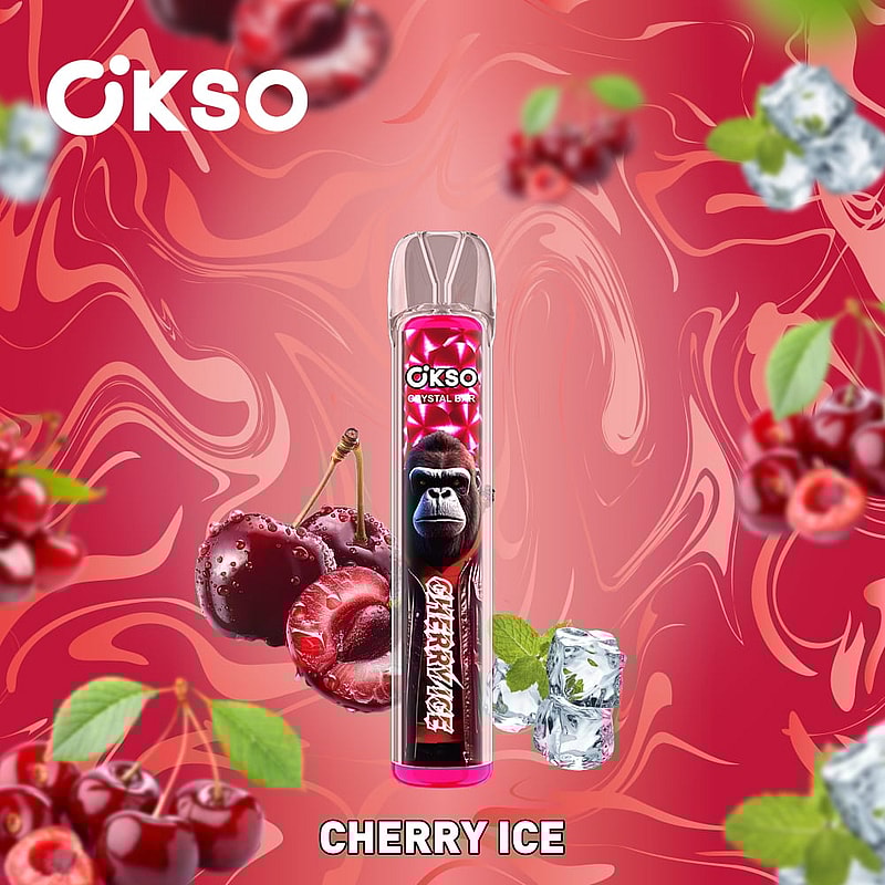 OKSO Crystal Bar 800 Puffs Disposable Vape Pen offers mesh coil, RGB LED, 2mL e-liquid, 400mAh battery, and 10 flavors for smooth, stylish vaping.A product image of an OKSO-branded item with cherry ice flavor, featuring a stylized gorilla graphic on the packaging against a vibrant red backdrop with cherry and ice cube illustrations.