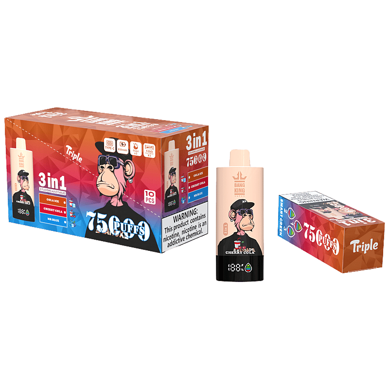 El vaporizador Bang King Triple 75000 puffs ofrece 3 sabores ajustables, pantalla LED, carga tipo C y una bobina de triple malla para un sabor intenso y un vapor suave.