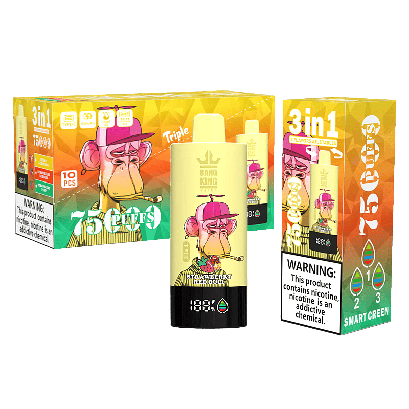 El vaporizador Bang King Triple 75000 puffs ofrece 3 sabores ajustables, pantalla LED, carga tipo C y una bobina de triple malla para un sabor intenso y un vapor suave.