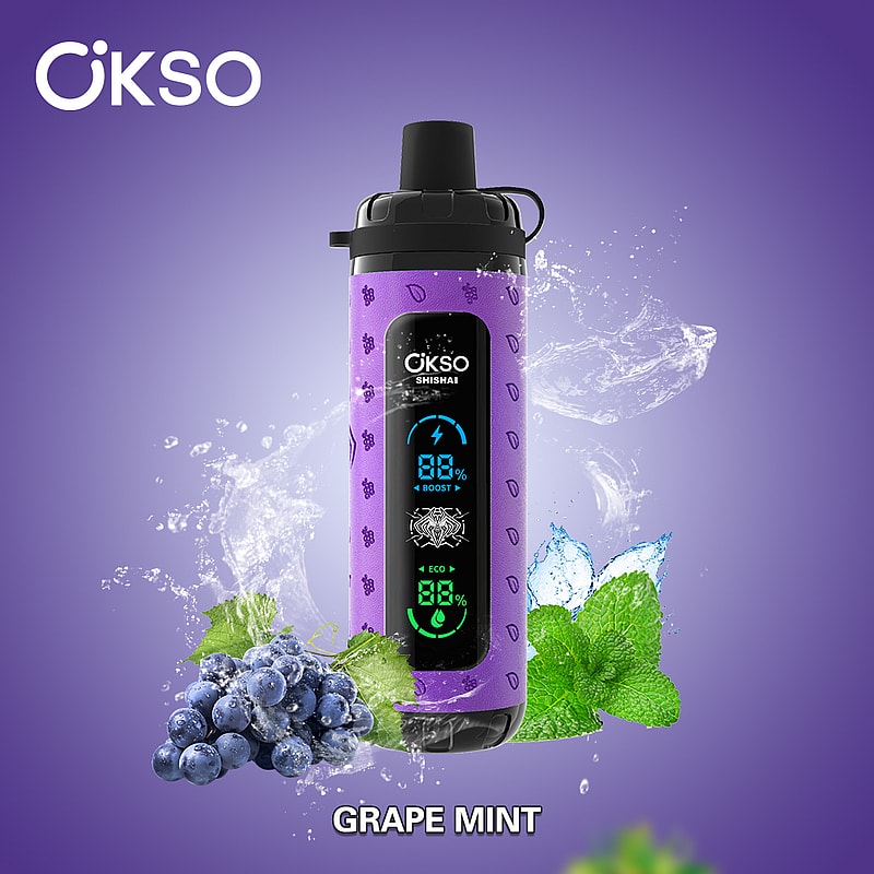 OKSO Shisha Max 40K Puffs Disposable Vape offers 36mL e-liquid, mesh coil, LED display, Type-C charging, adjustable airflow, and 10 flavors with child lock.