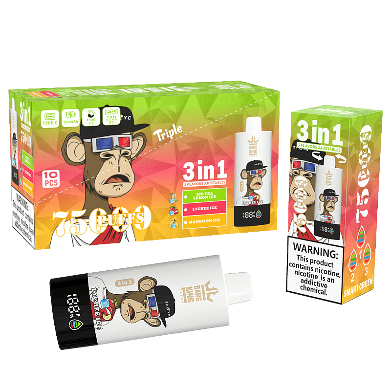 El vaporizador Bang King Triple 75000 puffs ofrece 3 sabores ajustables, pantalla LED, carga tipo C y una bobina de triple malla para un sabor intenso y un vapor suave.