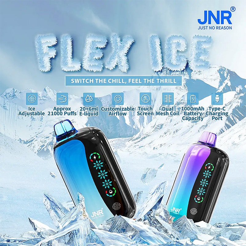 Promotional image featuring two vibrantly-colored vaping devices on a snowy backdrop, with brand name 'JNR' and product details like adjustable ice setting and high puff capacity highlighted.