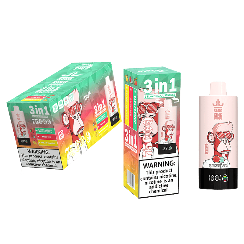 El vaporizador Bang King Triple 75000 puffs ofrece 3 sabores ajustables, pantalla LED, carga tipo C y una bobina de triple malla para un sabor intenso y un vapor suave.