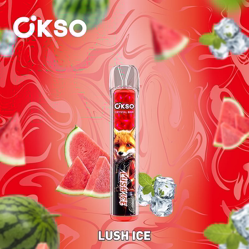 OKSO Crystal Bar 800 Puffs Disposable Vape Pen offers mesh coil, RGB LED, 2mL e-liquid, 400mAh battery, and 10 flavors for smooth, stylish vaping.Promotional image for the Okso Crystal Bar showing the Lush Ice flavor, surrounded by watermelon slices, ice cubes, and a bright red background, conveying a cooling and fruity theme.