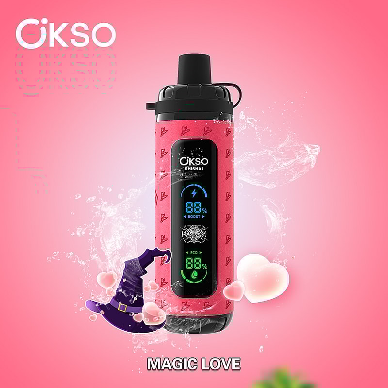 A pink OKSO Shishai device with decorative graphics, featuring a detailed digital display and surrounded by water splash effects, a wizard hat, and heart shapes, on a pink gradient background with the text 'MAGIC LOVE'.OKSO Shisha Max 40K Puffs Disposable Vape offers 36mL e-liquid, mesh coil, LED display, Type-C charging, adjustable airflow, and 10 flavors with child lock.