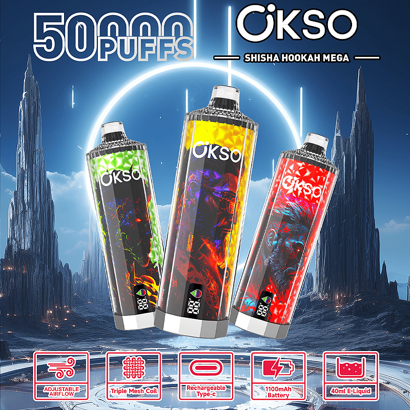 Promotional image for OKSO Shisha Hookah Mega 50K puffs vape showcasing three colorful vaping devices against a futuristic landscape, highlighting features like 50,000 puffs, adjustable airflow, triple mesh coil, rechargeable Type-C, 1100mAh battery, and 40mL e-liquid capacity.