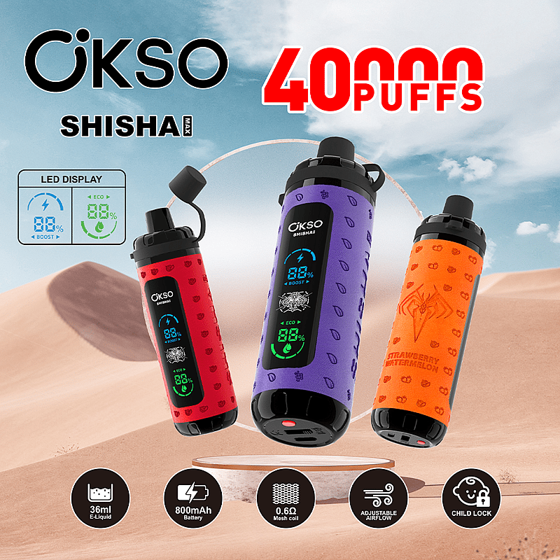 Colorful advertising image displaying three ÖKSO SHISHA MAX vape models with LED screens, battery and liquid specifications, featuring a desert background, and highlighting '40,000 Puffs' with additional product features like adjustable airflow and child lock icons.
