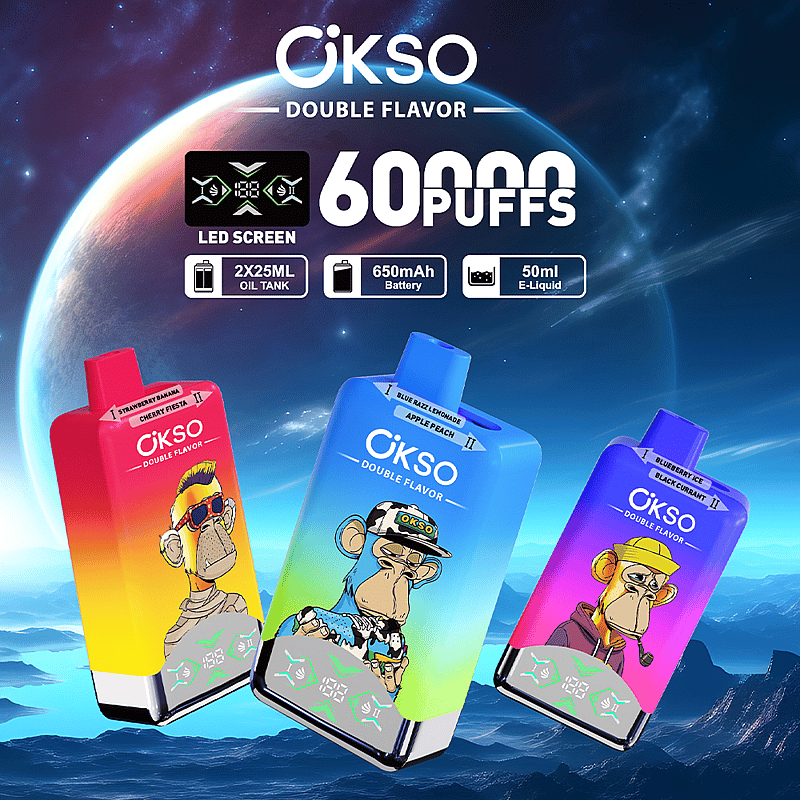 Advertisement for OKSO Double Flavor vape devices, showcasing three products with colorful designs featuring cartoon ape illustrations, a claim of 60,000 puffs, and specifications including a 650mAh battery and 50ml e-liquid capacity, set against a sci-fi-inspired background.