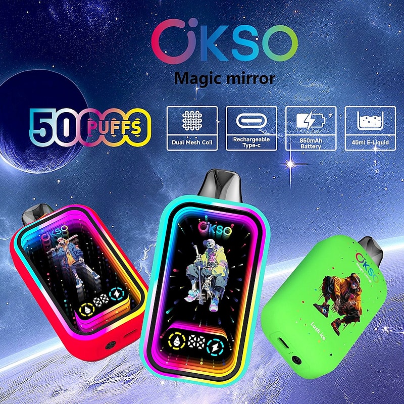 Promotional image for OKSO Magic Mirror vape devices featuring colorful designs, showcased against a starry outer space background with highlighted features including 5000 puffs, dual mesh coils, rechargeable Type-C technology, an 850mAh battery, and 40ml e-liquid capacity.