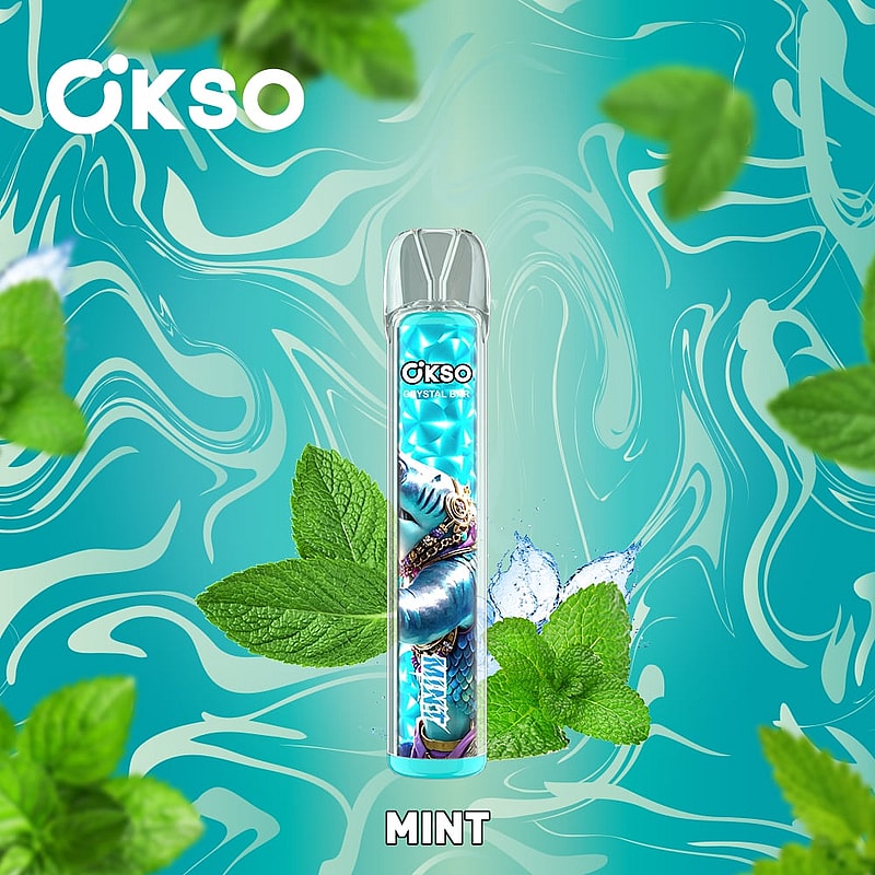 OKSO Crystal Bar 800 Puffs Disposable Vape Pen offers mesh coil, RGB LED, 2mL e-liquid, 400mAh battery, and 10 flavors for smooth, stylish vaping.A product image featuring a mint-flavored disposable vape pen by Okso, displayed against a vibrant teal background with swirling patterns and mint leaves scattered decoratively.