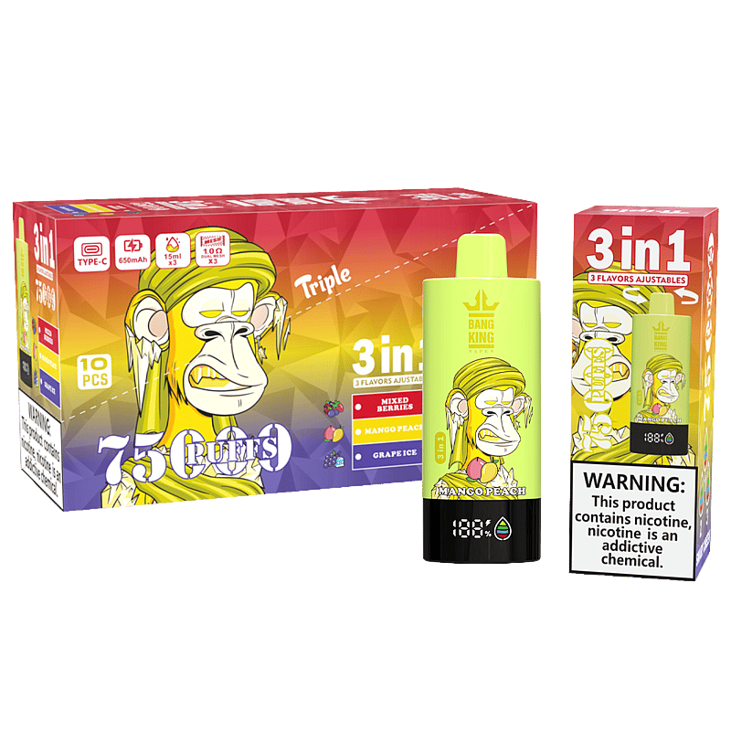 El vaporizador Bang King Triple 75000 puffs ofrece 3 sabores ajustables, pantalla LED, carga tipo C y una bobina de triple malla para un sabor intenso y un vapor suave.