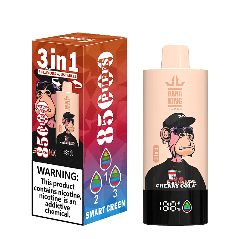 Bang King Triple 85000 Puffs Vape offers 3-in-1 adjustable flavors, triple mesh coil, LED display, and 63mL capacity—perfect for long-lasting, flavorful vaping.