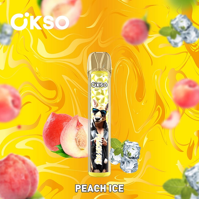OKSO Crystal Bar 800 Puffs Disposable Vape Pen offers mesh coil, RGB LED, 2mL e-liquid, 400mAh battery, and 10 flavors for smooth, stylish vaping.Promotional image for OKSO Peach Ice vape flavor, featuring a vape device with vibrant peach and ice imagery on a yellow background with scattered peaches, mint leaves, and ice cubes.