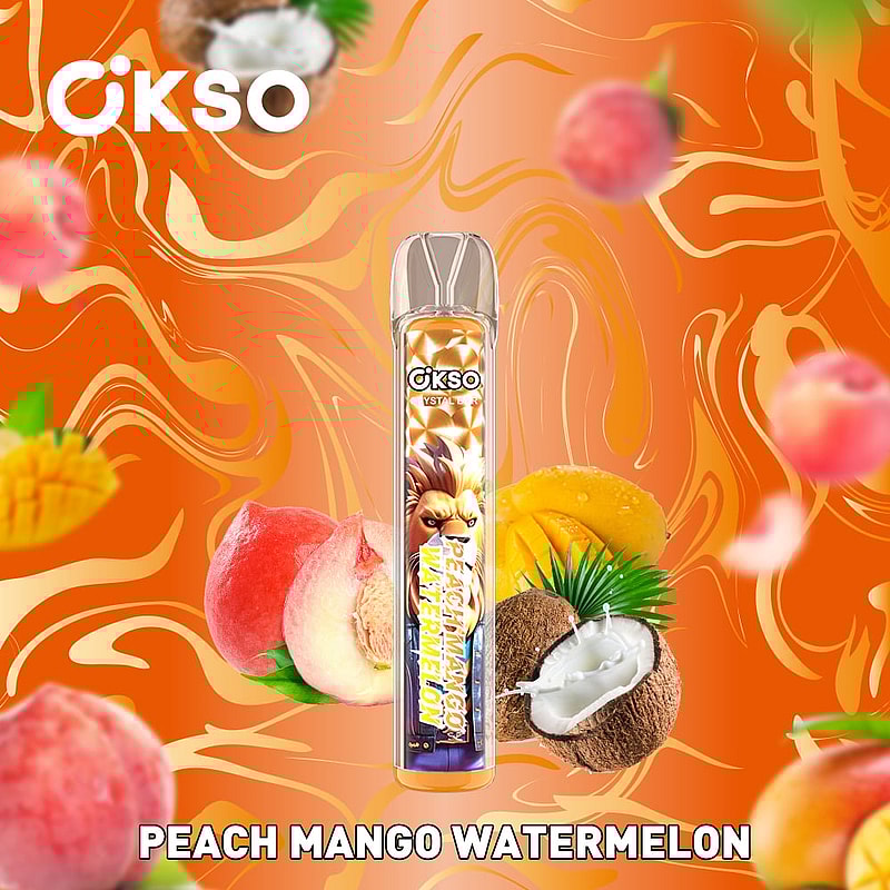 OKSO Crystal Bar 800 Puffs Disposable Vape Pen offers mesh coil, RGB LED, 2mL e-liquid, 400mAh battery, and 10 flavors for smooth, stylish vaping.Promotional image featuring the OKSO vaping device with a Peach Mango Watermelon flavor in vibrant orange background, surrounded by illustrations of peach, mango, coconut, and watermelon fruits.
