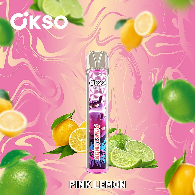 OKSO Crystal Bar 800 Puffs Disposable Vape Pen offers mesh coil, RGB LED, 2mL e-liquid, 400mAh battery, and 10 flavors for smooth, stylish vaping.Promotional image featuring a brightly colored disposable vape labeled 'OKSO' with 'Pink Lemon' flavor, surrounded by vibrant lemon and lime illustrations against a swirling pink and yellow background.