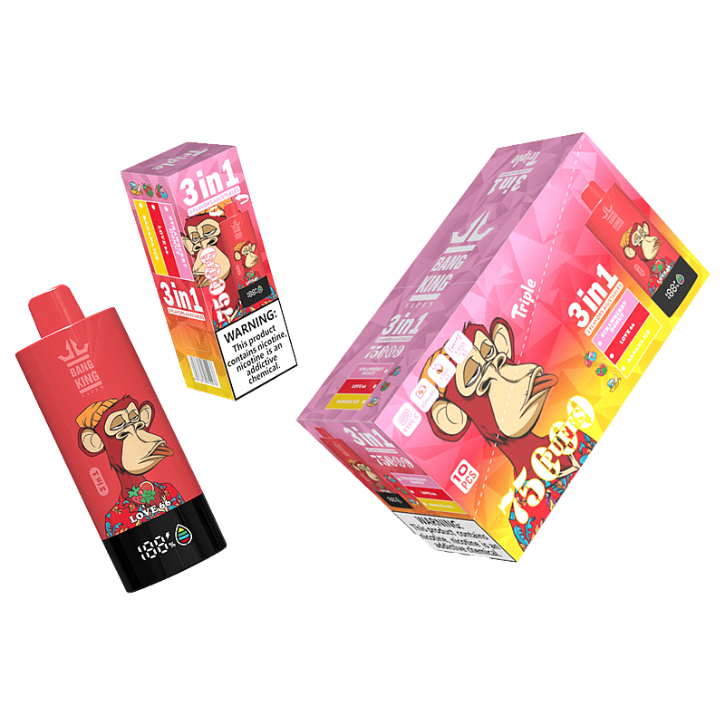El vaporizador Bang King Triple 75000 puffs ofrece 3 sabores ajustables, pantalla LED, carga tipo C y una bobina de triple malla para un sabor intenso y un vapor suave.