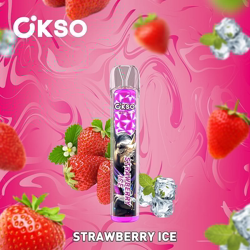 OKSO Crystal Bar 800 Puffs Disposable Vape Pen offers mesh coil, RGB LED, 2mL e-liquid, 400mAh battery, and 10 flavors for smooth, stylish vaping.Promotional image of the Cikso Strawberry Ice vape device featuring a pink packaging design amid strawberries, ice cubes, and a vibrant pink background.