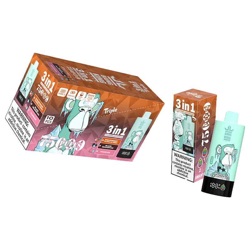 El vaporizador Bang King Triple 75000 puffs ofrece 3 sabores ajustables, pantalla LED, carga tipo C y una bobina de triple malla para un sabor intenso y un vapor suave.