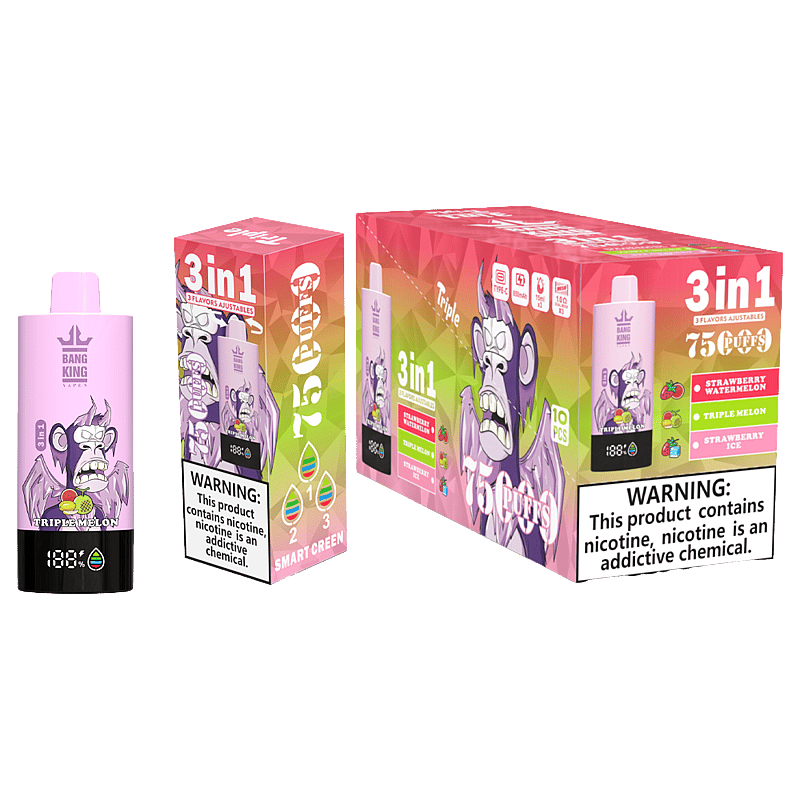 El vaporizador Bang King Triple 75000 puffs ofrece 3 sabores ajustables, pantalla LED, carga tipo C y una bobina de triple malla para un sabor intenso y un vapor suave.