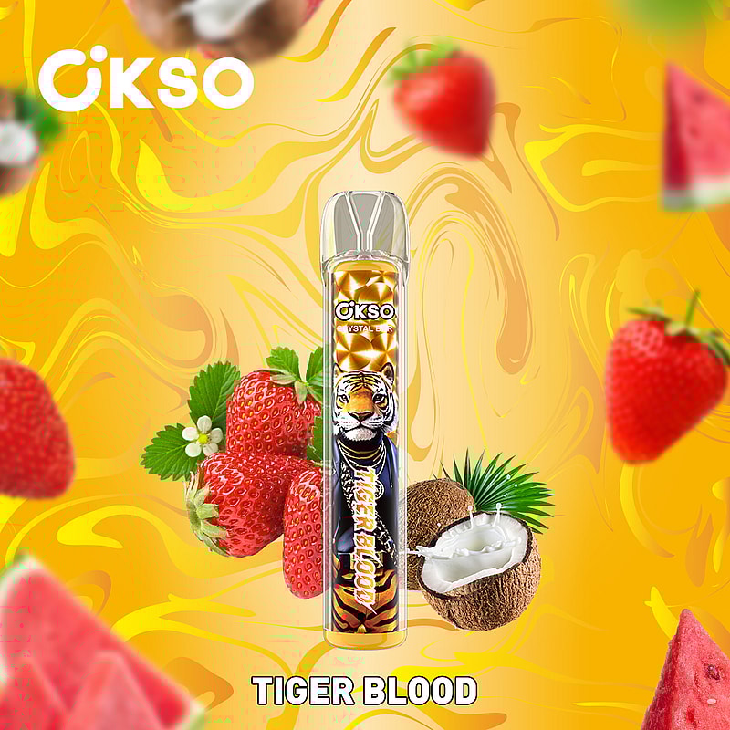 A vibrant promotional image featuring a vaping device labeled 'Tiger Blood' with a tiger illustration, surrounded by strawberries, coconuts, and watermelon slices against a yellow-orange abstract background.