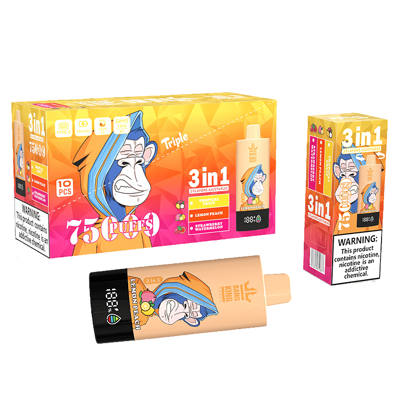 El vaporizador Bang King Triple 75000 puffs ofrece 3 sabores ajustables, pantalla LED, carga tipo C y una bobina de triple malla para un sabor intenso y un vapor suave.