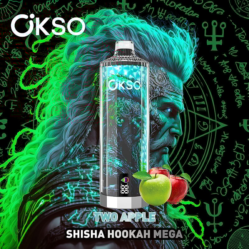 A shisha hookah flavor container labeled 'Ökso' with vibrant neon green and blue patterns, featuring the text 'Two Apple' and images of a green and a red apple in the foreground, set against a background of mystical symbols and text.