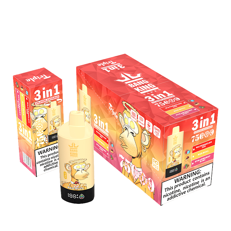 Embalaje para el vaporizador desechable 3 en 1 Bang King, con un diseño de mono ilustrado y una etiqueta de advertencia sobre el contenido de nicotina.