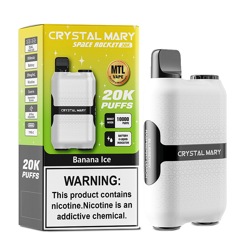 A box and a vaping device labeled 'Crystal Mary Space Rocket 20K,' featuring the 'Banana Ice' flavor with 20,000 puffs, alongside a warning about nicotine addiction.