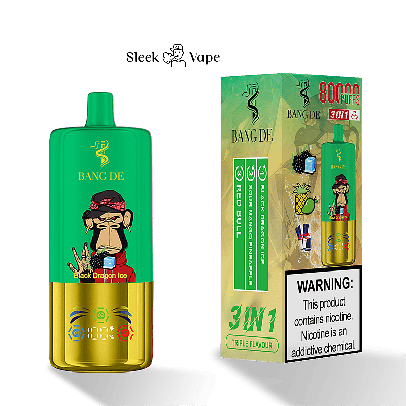 Vape-Produkt und Verpackung der Marke Bang De mit einem grün-goldenen Gerät mit Illustrationen, die für drei Geschmacksrichtungen werben, darunter Black Dragon Ice, Sour Mango Pineapple und Red Bull, sowie einem Warnhinweis zu Nikotin.