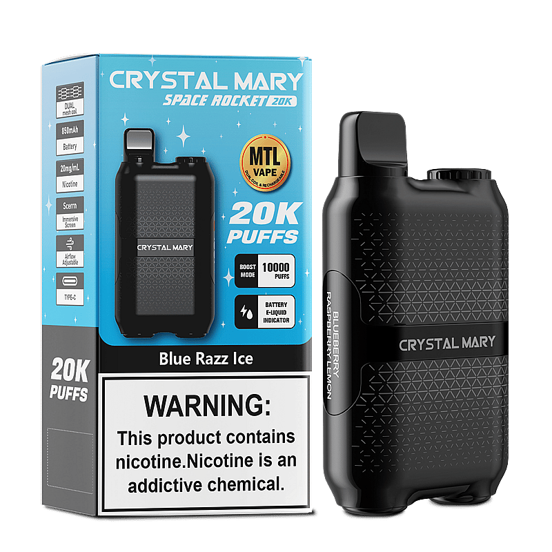 A Crystal Mary Space Rocket vape device alongside its packaging, highlighting features such as Blue Razz Ice flavor, up to 20,000 puffs, and nicotine content warning.