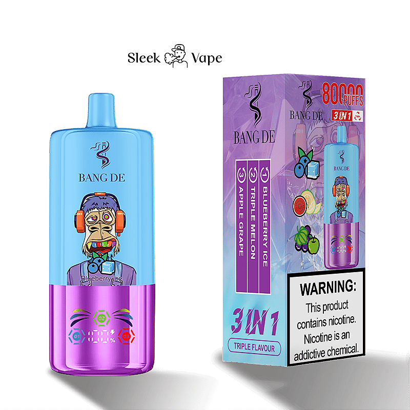 Ein elegantes Vaping-Gerät und seine Verpackung zeigt die Marke „Bang De 3-in-1“ mit drei aufgeführten Geschmacksrichtungen: Blueberry Ice, Triple Melon und Apple Grape; enthält einen Warnhinweis zu Nikotin.