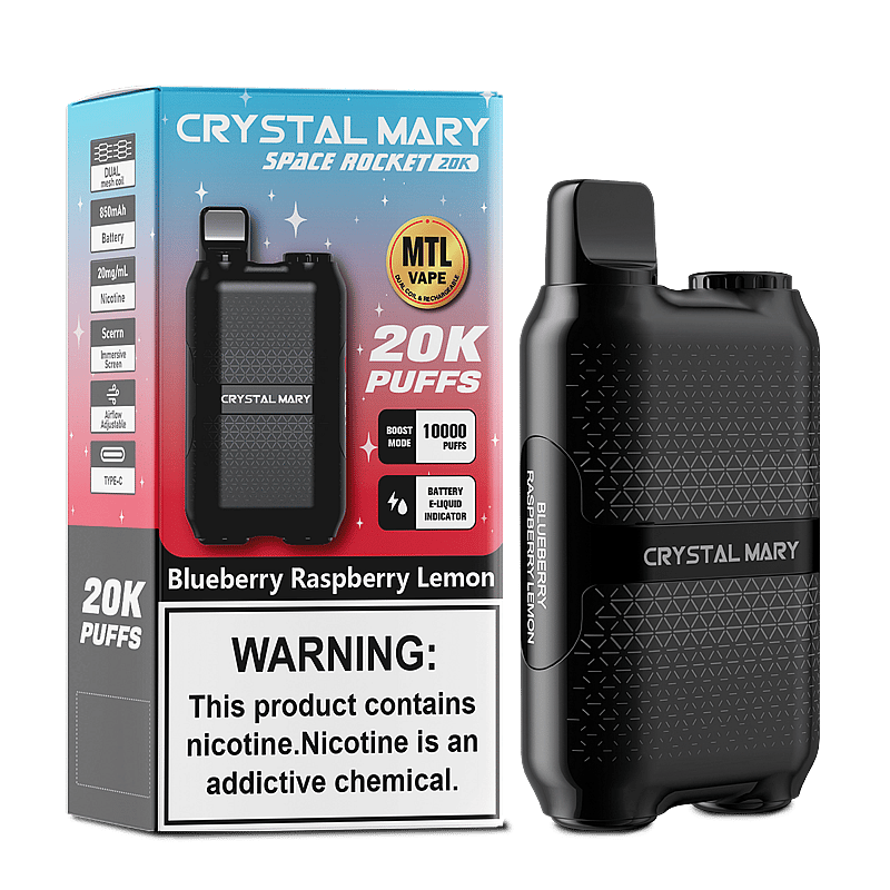 A black portable vaping device branded 'Crystal Mary' alongside its packaging, which features product specifications and the flavor 'Blueberry Raspberry Lemon', including a nicotine warning label.
