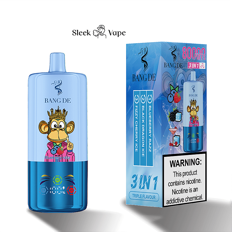 Ein elegantes blaues Bang DE-Vape-Gerät und seine Verpackung mit einem Cartoon-Affen-Design und drei Geschmacksoptionen, darunter Blueberry Razz, Black Dragon Ice und Fizzy Cherry Ice, hervorgehoben durch das Etikett „8000 Puffs“.